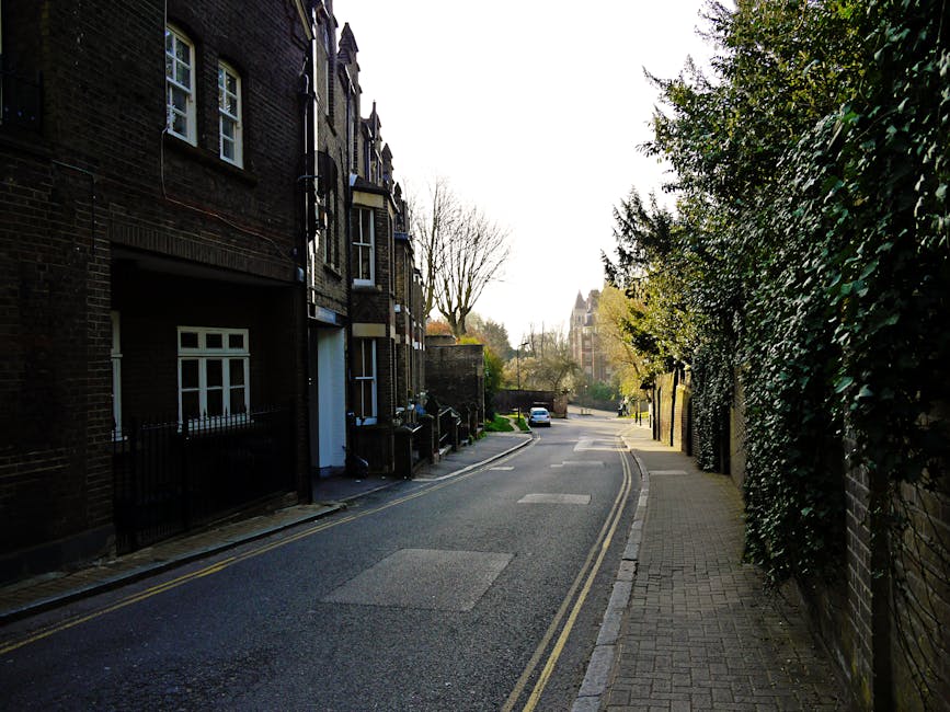 A quiet residential street in Childs Hill featuring a narrow asphalt roadway with double yellow lines along the curb, bordered by brick terraced houses on the left side and a sidewalk with paving stones on the right. The houses have dark brick facades, small front gardens enclosed by black metal railings, and white-framed windows. A large leafy green hedge runs along the right side, partially covering a brick wall, and tall trees with sparse branches are visible further down the street. The scene is illuminated by natural daylight, casting gentle shadows on the pavement and buildings, suggesting a clear, possibly early spring day. In the distance, a white van is parked near a bend in the street, where a small group of cardboard boxes and a wrapped piece of furniture are being carefully loaded or unloaded as part of a house relocation process handled by Man with Van Childs Hill, involving packing, furniture transport, and home moving logistics on this calm, residential route leading towards Childs Hill.